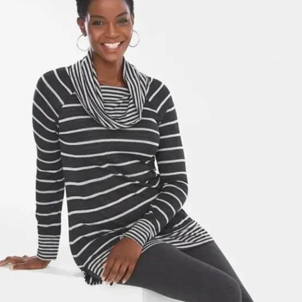 Chico's Zenergy Women's Striped Cowl Neck Gray & White Tunic Size XL